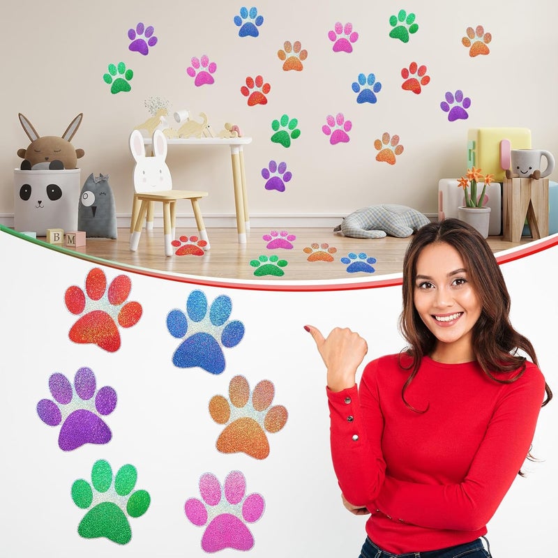 ReliThick 30 Pcs Paw Print Floor Decal 7.5" Large Pawprints Wall Cling Self Adhesive Footprint Floor Cling Window Stickers Wall Decal for Bedroom Living Room Decor(Shiny Colorful) - Image 5